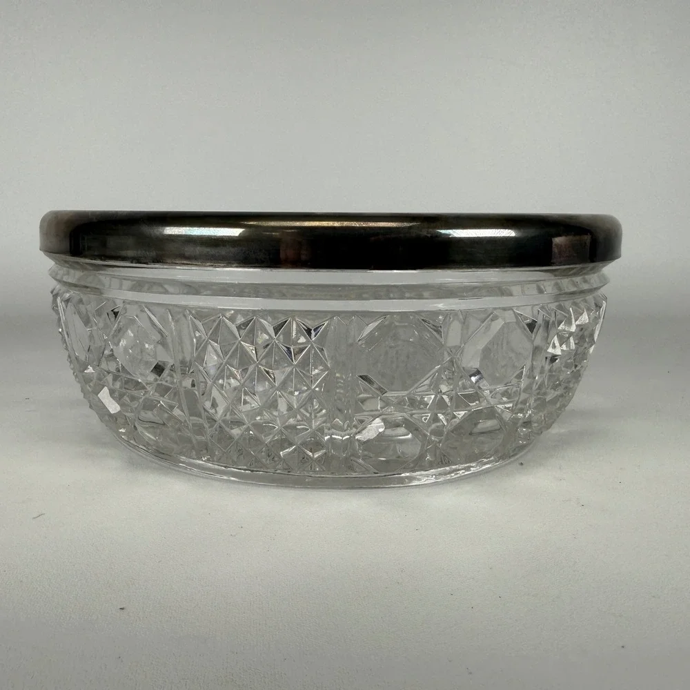 Vintage Cut Glass Bowl with Silver Rim Diamond Starburst Pattern 8 inch